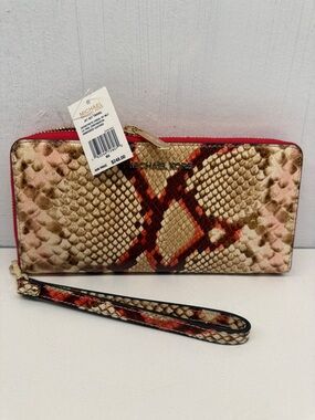 Michael Kors Red and Beige Snake-Print Zip Wristlet